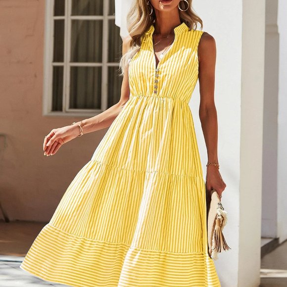 Yellow Boho Womens Striped Print Notched Neck A-line Dress - Picture 4 of 5